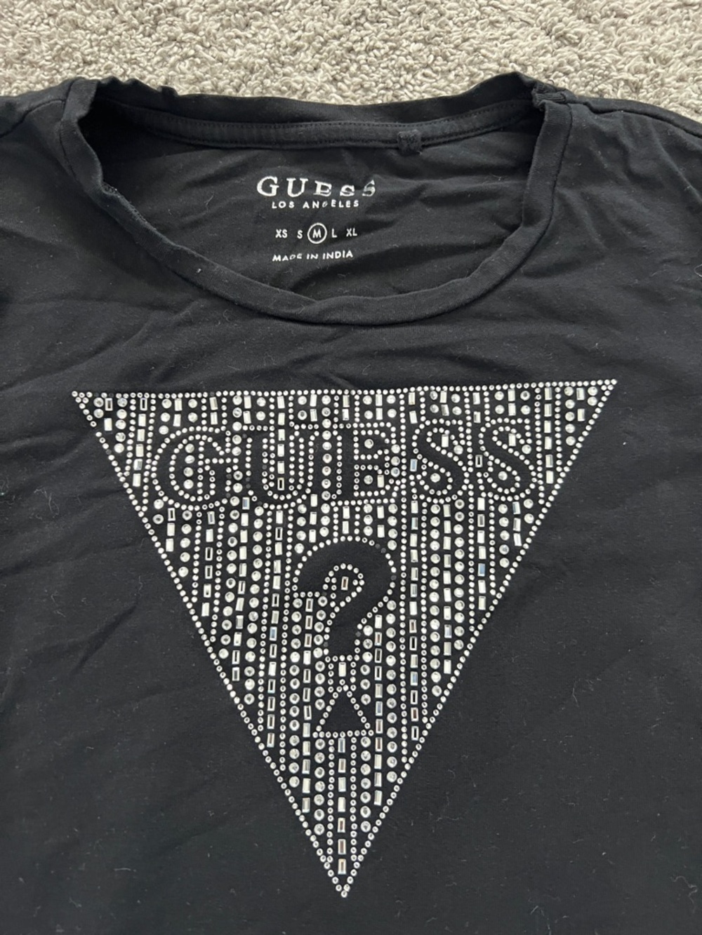GUESS Women’s Black Short Sleeve Tee with Rhinestone Triangle Logo - Size M - Picture 3 of 7